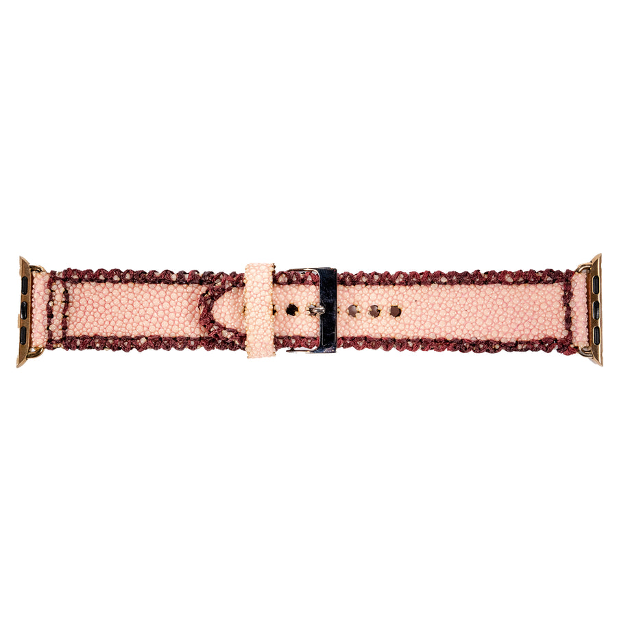 A 22mm Apple Watch Band Handmade With Hot Pink Sturgeon Leather + Pink Rose Pebbled Stingray Leather 